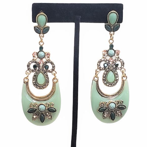 Handmade Chunky Green Jade Statement Earrings | Coastal Boho | Beaded | Fall - Picture 2 of 4